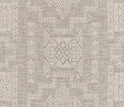 Neutral gray-beige kilim rug with geometric diamond motifs and bordered panels.