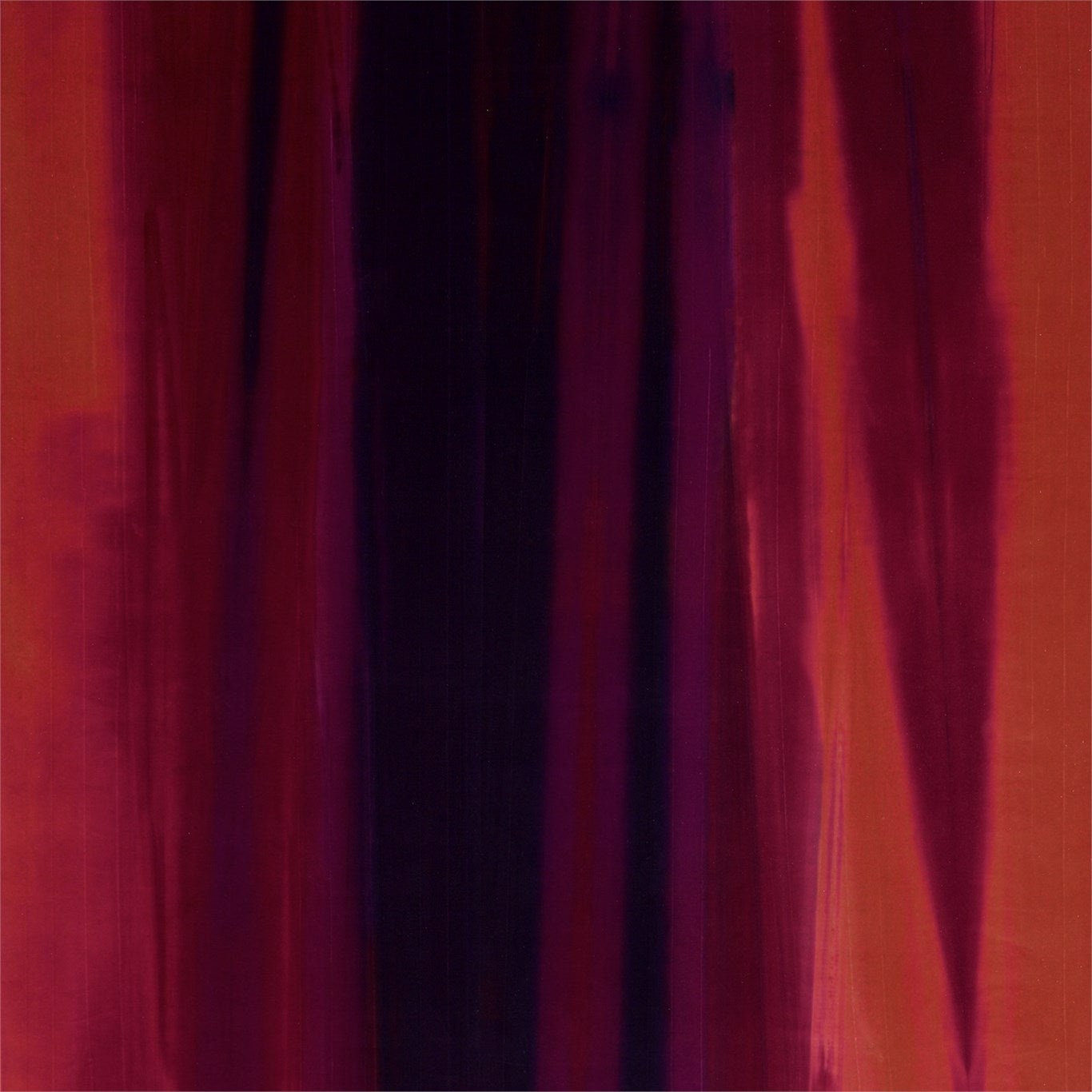 Abstract velvet fabric with bold vertical stripes in red, orange, purple and black; modern, artful pattern.