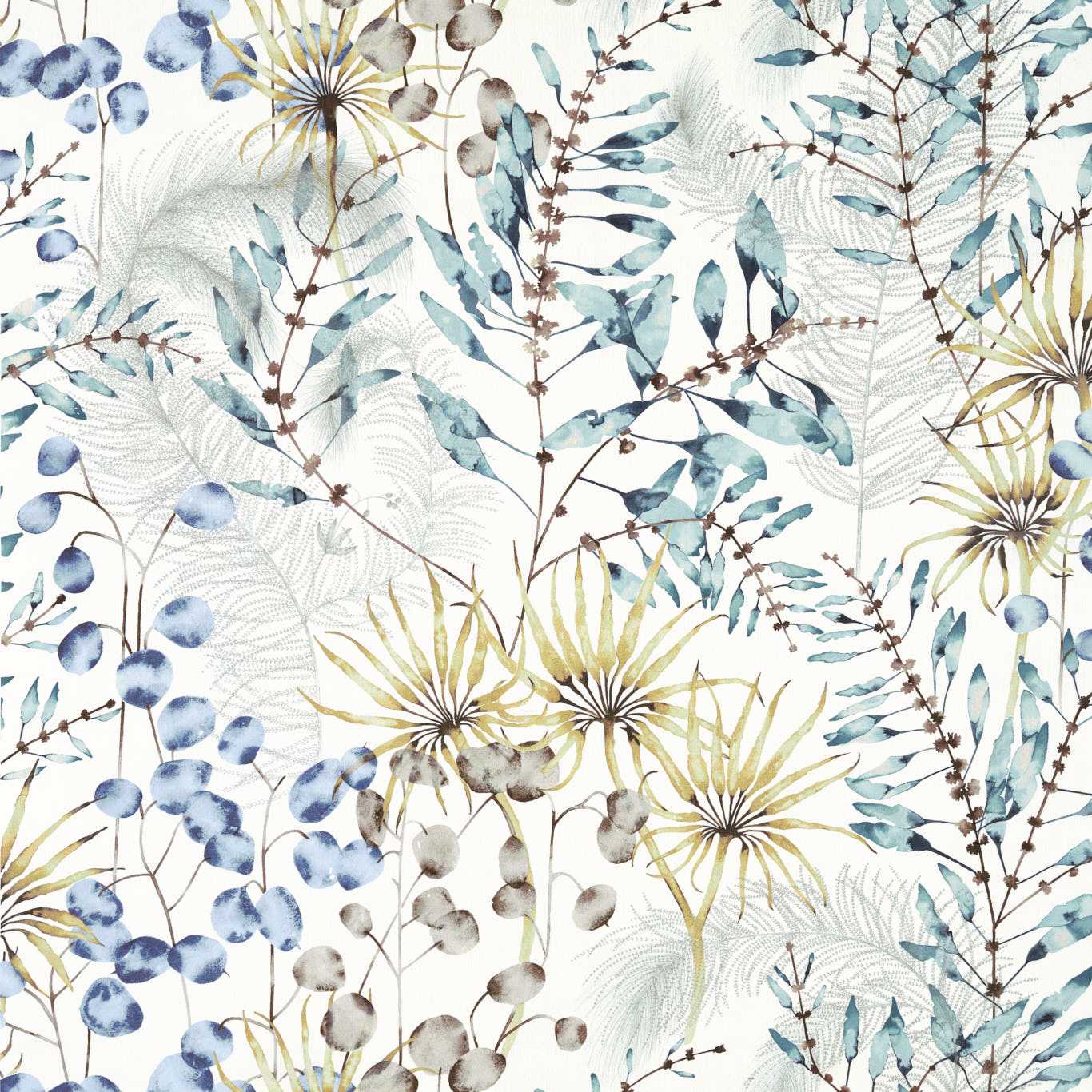 Watercolor botanical print with blue-green leaves, brown stems, and yellow spiky flowers.