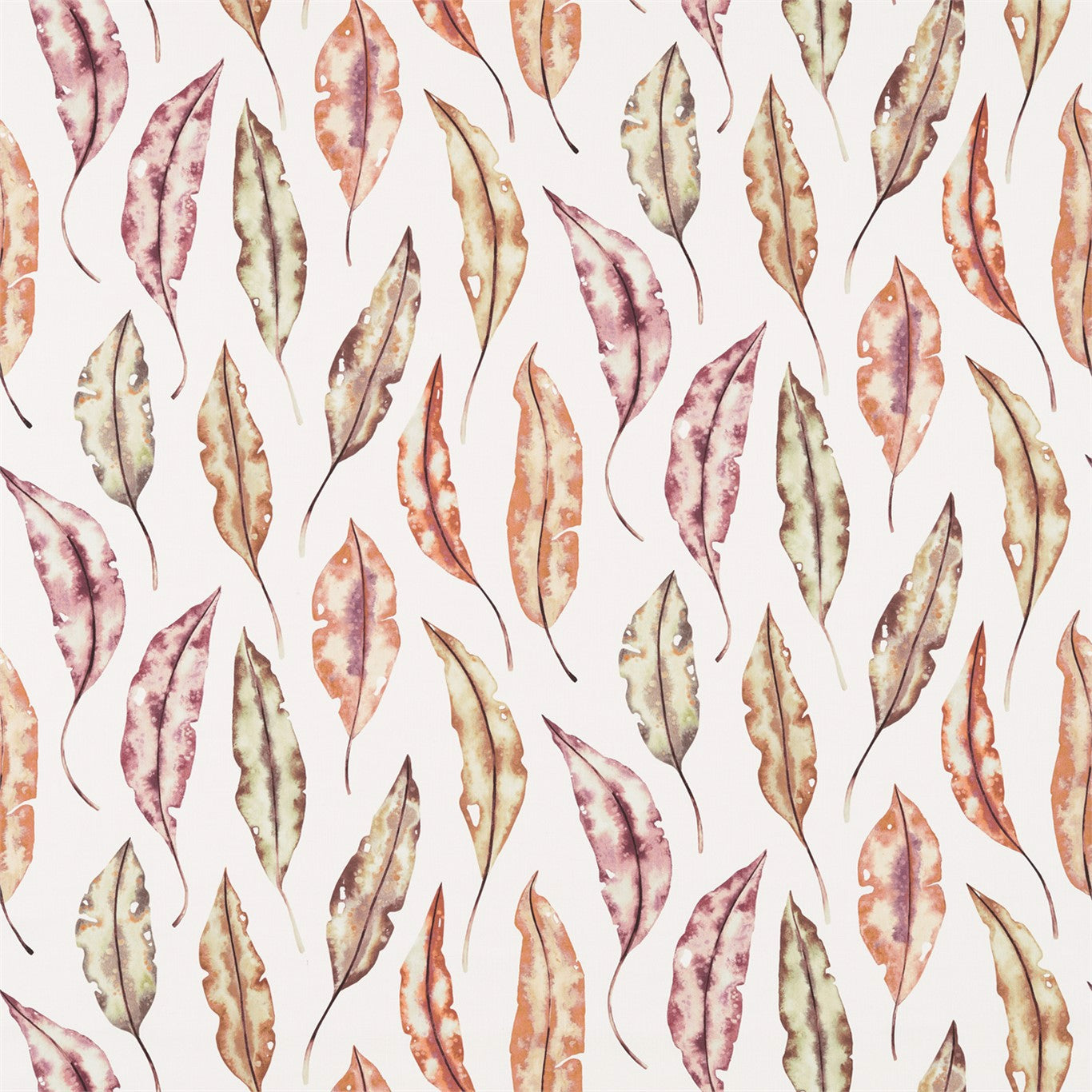 Watercolor leaf pattern: elongated pastel leaves in pink, orange, olive & purple on pale background; fabric pattern.