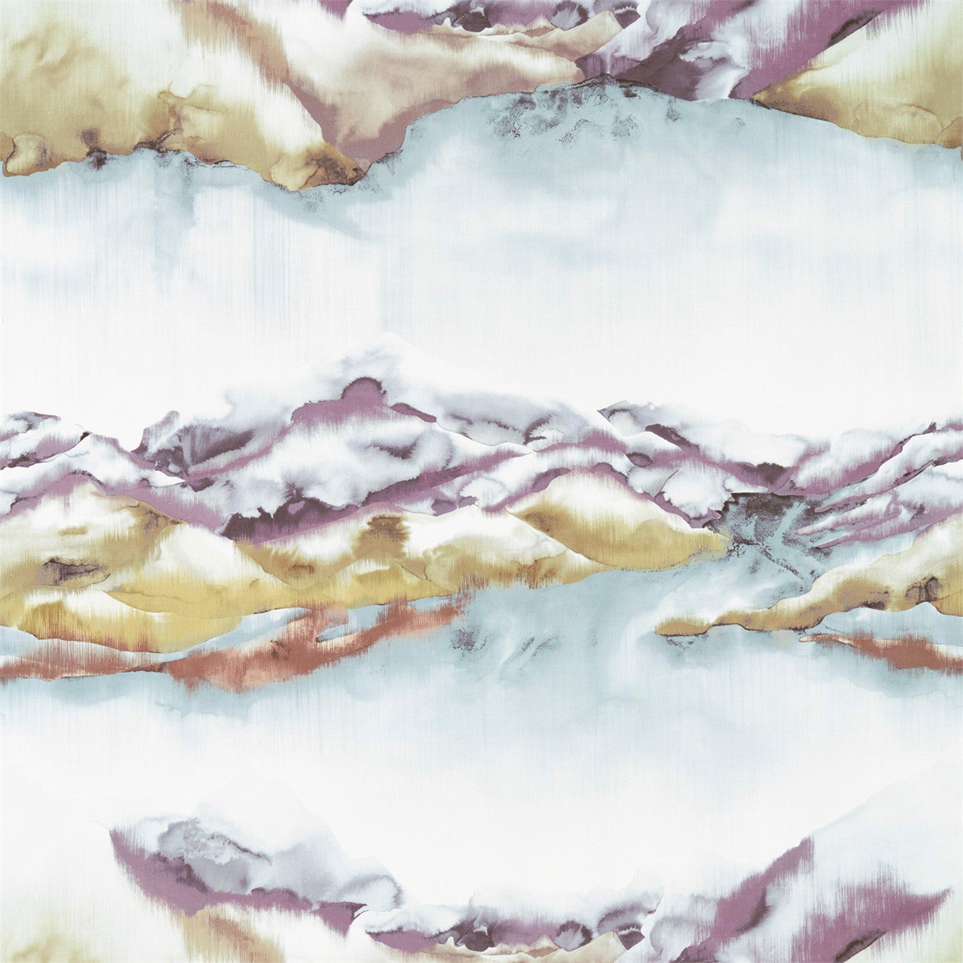 Pastel watercolor mountain print in blues & lilac & beige & gold tones; suitable for fabrics or home decor textiles.