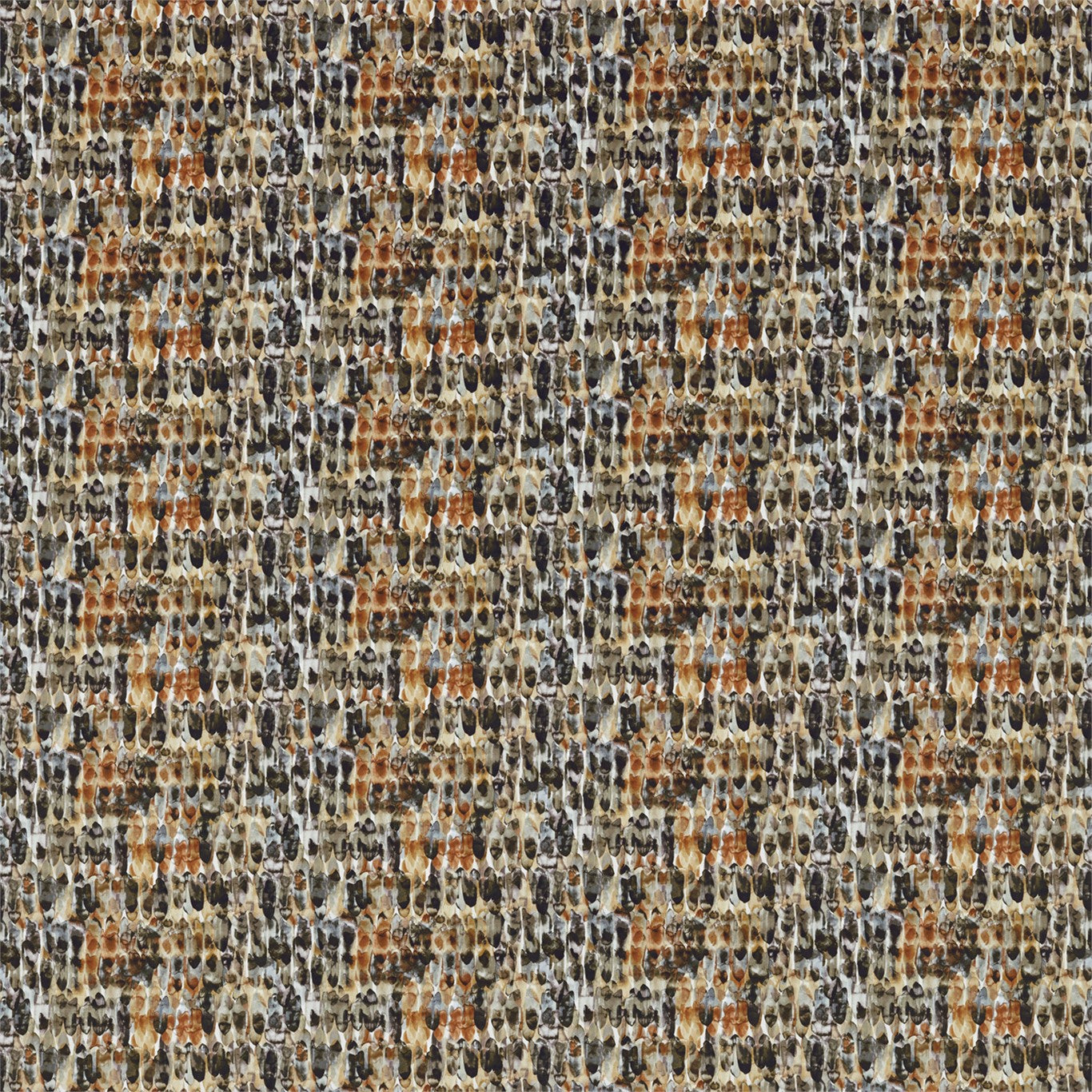 Abstract graphic fabric pattern in amber and slate tones with a dense, textured motif; suitable for clothing or upholstery.
