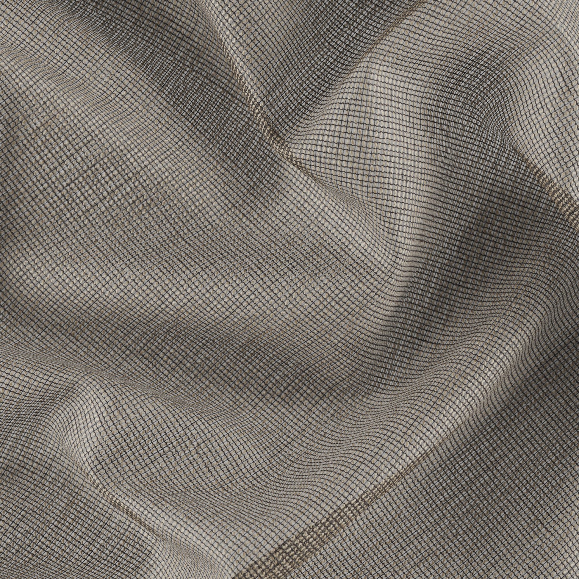 Beige lightweight woven fabric with a small dark grid pattern; soft drape & versatile for garments or upholstery.