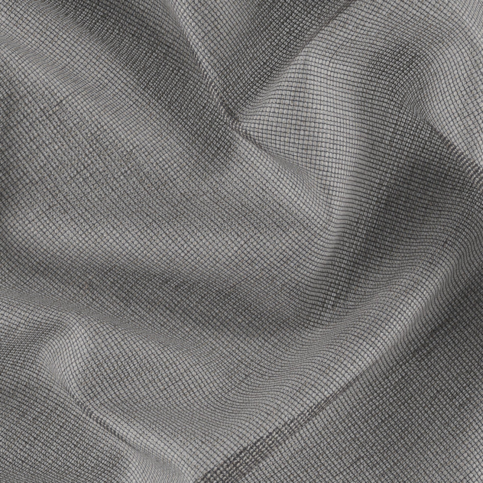 Grey fabric with a fine square grid pattern, soft drape and subtle woven texture.
