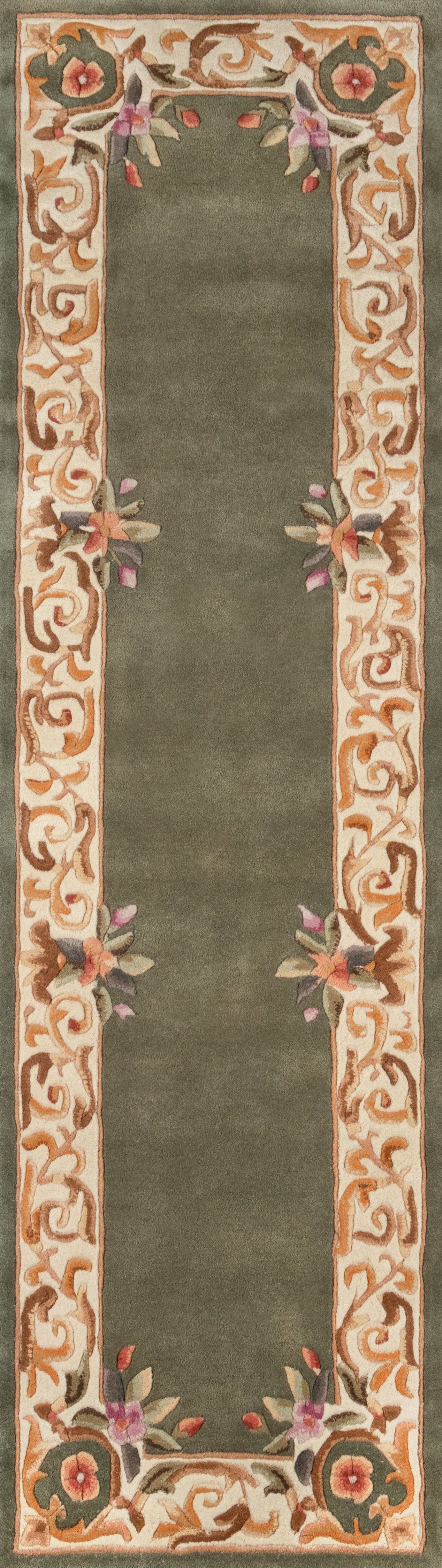 Olive-green runner rug with ornate cream-orange scroll border and pink-purple floral accents.