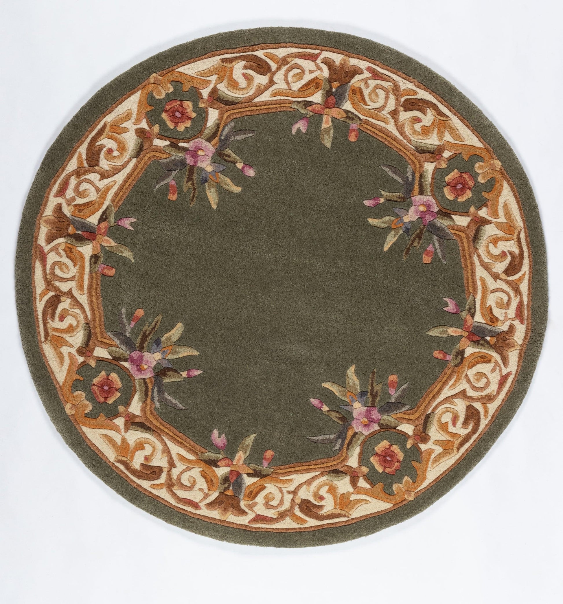 Rectangular rug with olive green center and ornate beige-orange floral border in oriental style.