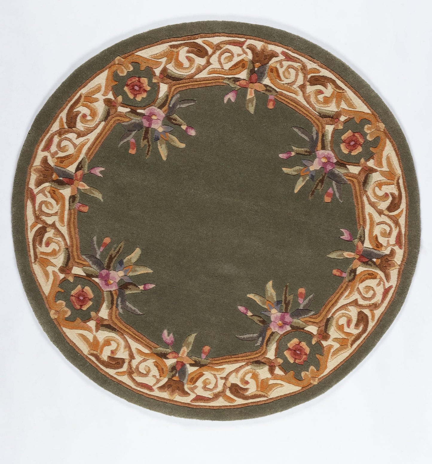 Round olive-green rug with an ornate beige-orange scrolling border and pink-purple floral clusters.