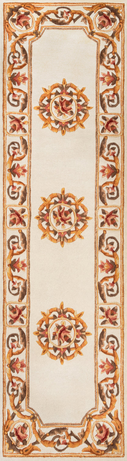 Beige oriental runner rug with warm gold, rust and brown floral medallions and scrolling border.