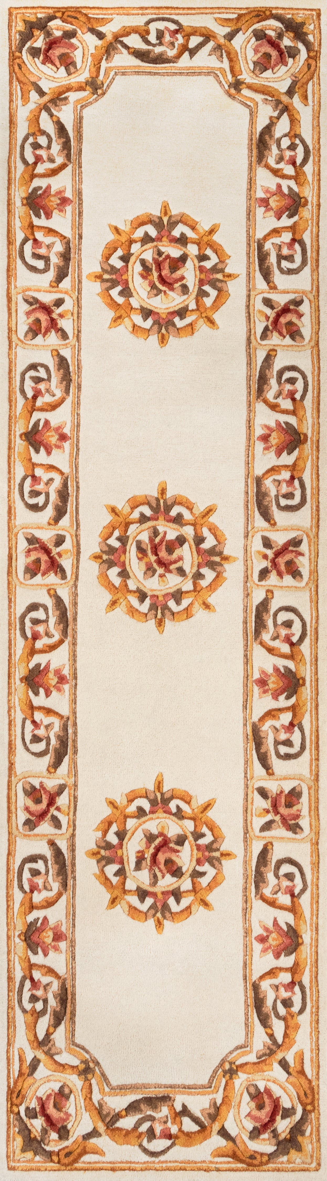 Ivory runner rug with three ornate gold-orange mandala medallions and scroll border in brown, gold, and pink.