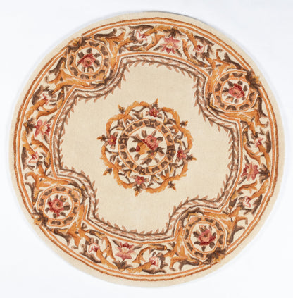 Round beige rug with ornate brown, orange, and red floral mandala motif; decorative living room accent.