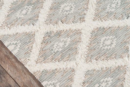 Soft woven area rug in pale blue and ivory with a geometric grid pattern and fluffy cream fringe.