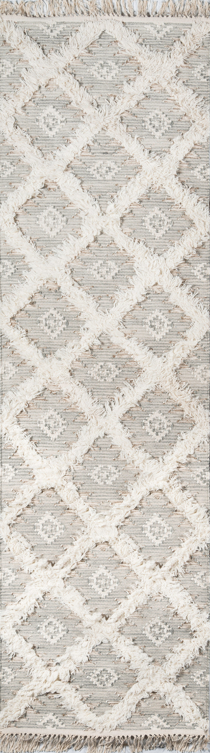 Grey woven rug with cream fluffy diamond lattice pattern, small motifs, and fringed edges.