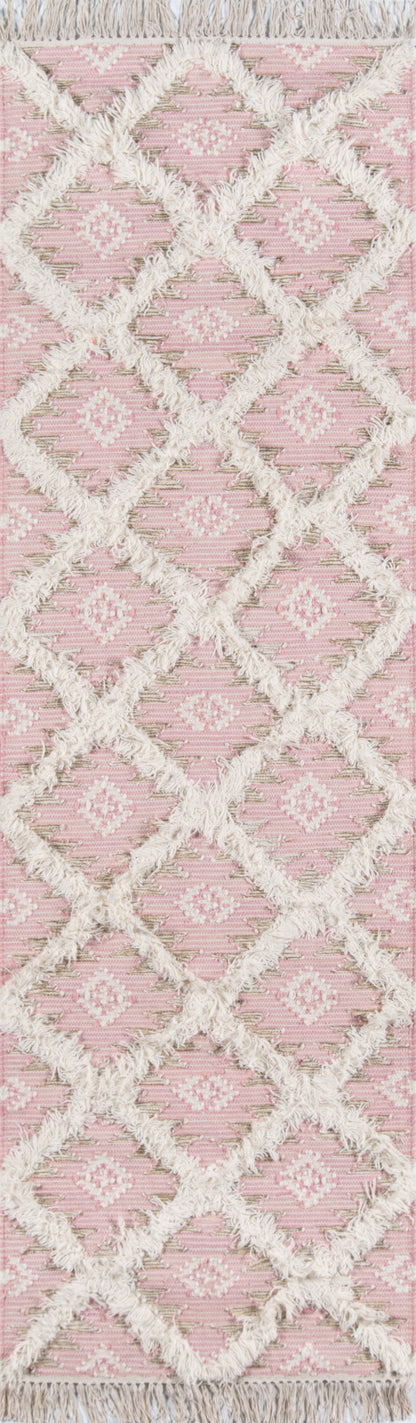 Pink rug with plush white diamond lattice pattern and fringe along the edges.
