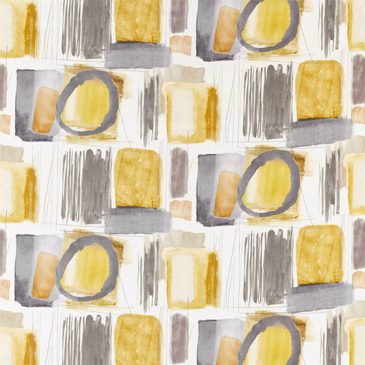 HARLEQUIN Kanjiro Fabric Abstract , Graphic Ochre , Charcoal , Stone   - HATL120808