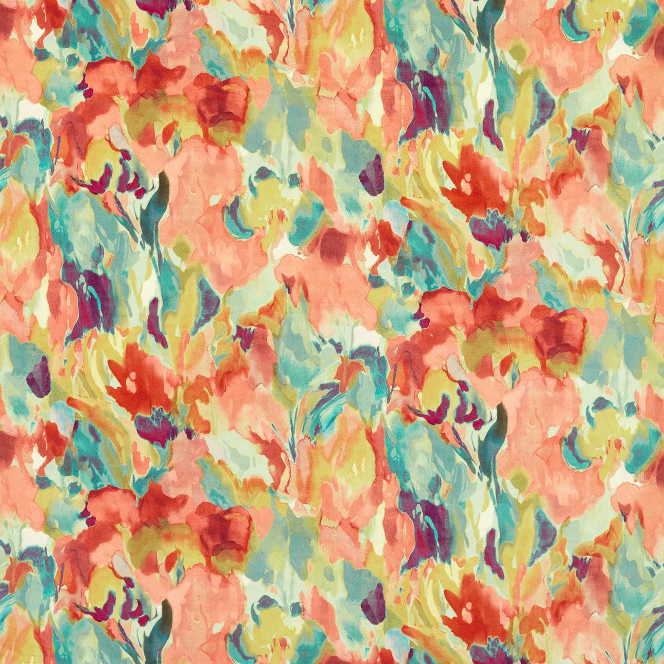 Abstract fabric pattern with coral pinks, yellows, teals and mint greens with purple accents.