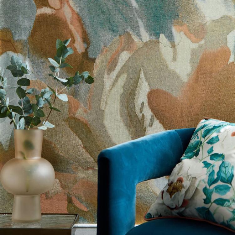 Harlequin Florent Hempseed Lagoon Rosehip fabric showing painterly floral patterns in lagoon blue, rosehip pink, and soft natural tones—ideal for drapery or upholstery projects.