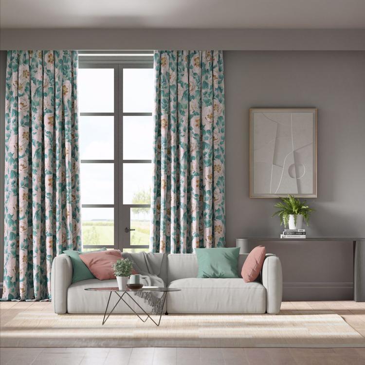 Harlequin Florent Hempseed Lagoon Rosehip fabric showing painterly floral patterns in lagoon blue, rosehip pink, and soft natural tones—ideal for drapery or upholstery projects.