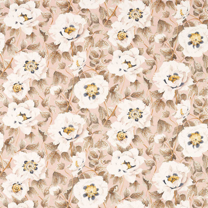 Blush pink floral fabric with large white peonies, yellow centers, and brown stems in a vintage botanical pattern.