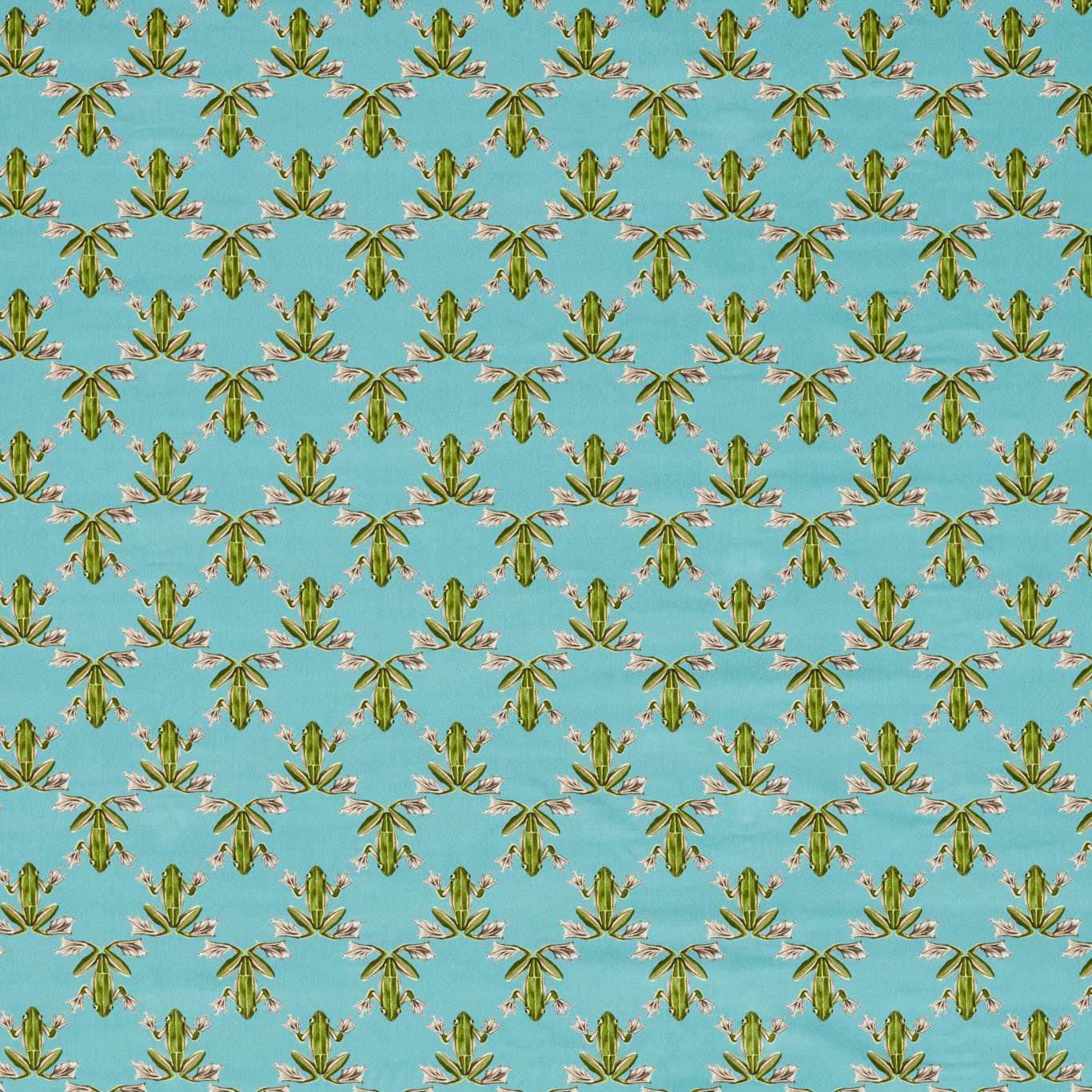Seamless fabric pattern with blue and pistachio frogs in a repeating motif.