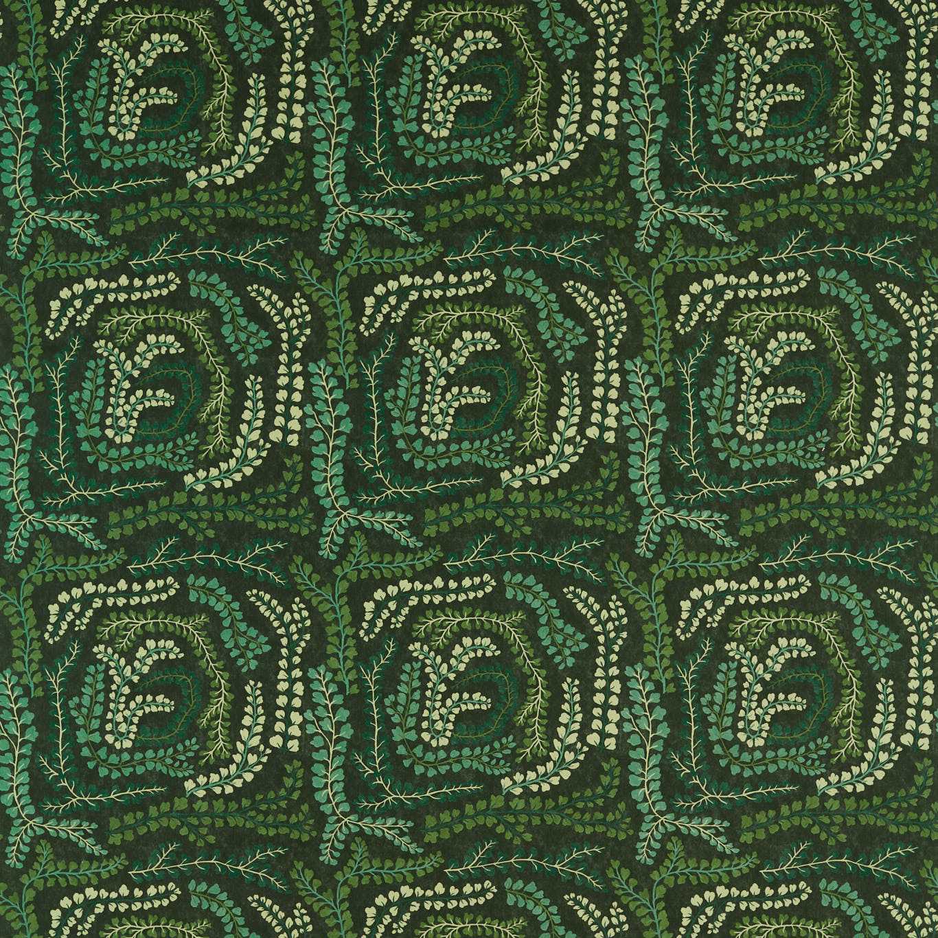 Dark green fabric with a botanical leaf pattern in light green & cream, featuring fig leaf, clover & succulent-inspired shapes.