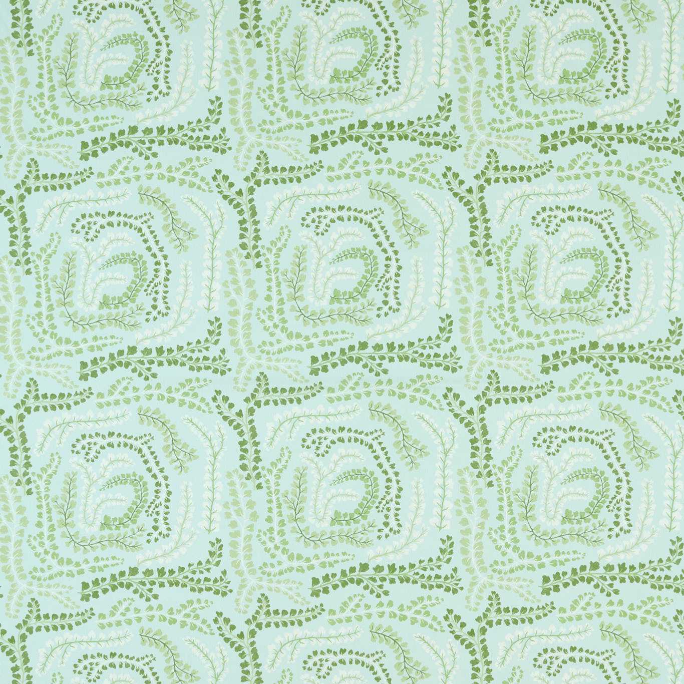 Mint-green botanical fabric pattern with spiral leaf vines forming square frames; leafy textures.