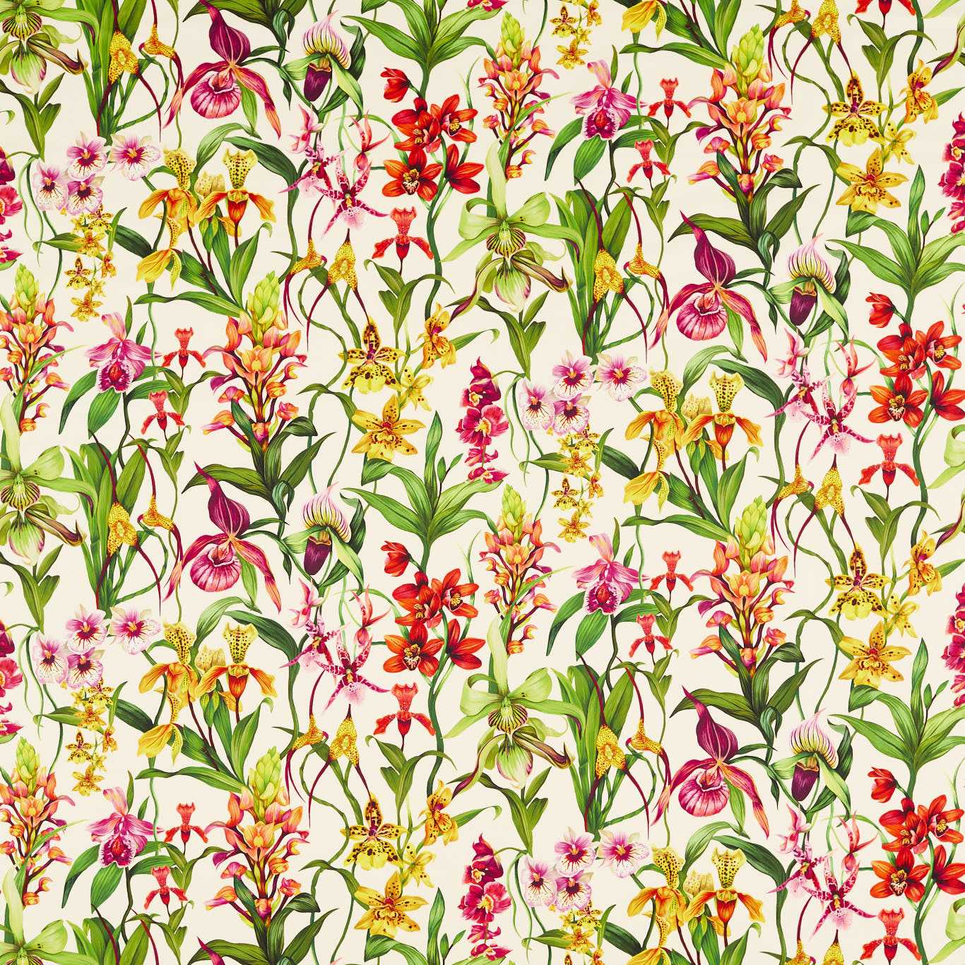 Cream fabric featuring a dense tropical orchid floral pattern in pink, yellow, red and green leaves.