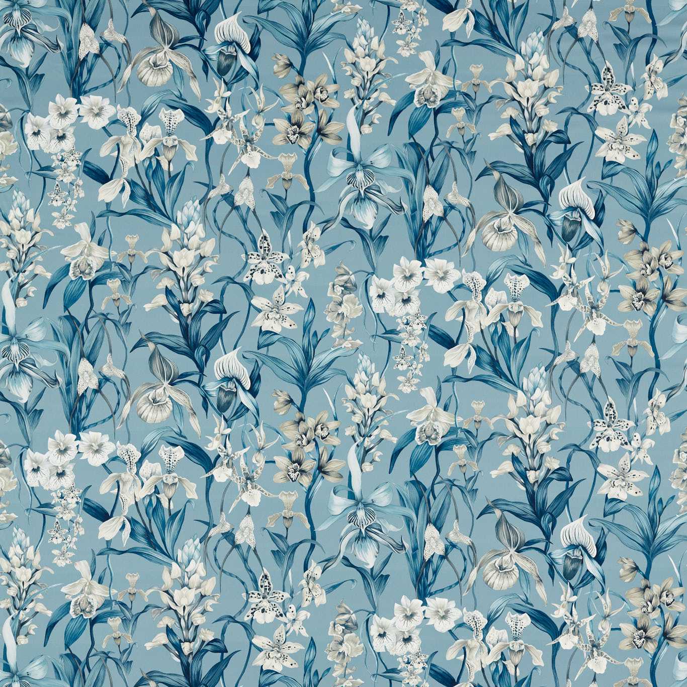 Blue botanical floral fabric with white and cream flowers and blue leaves on a teal background; seamless tropical pattern.
