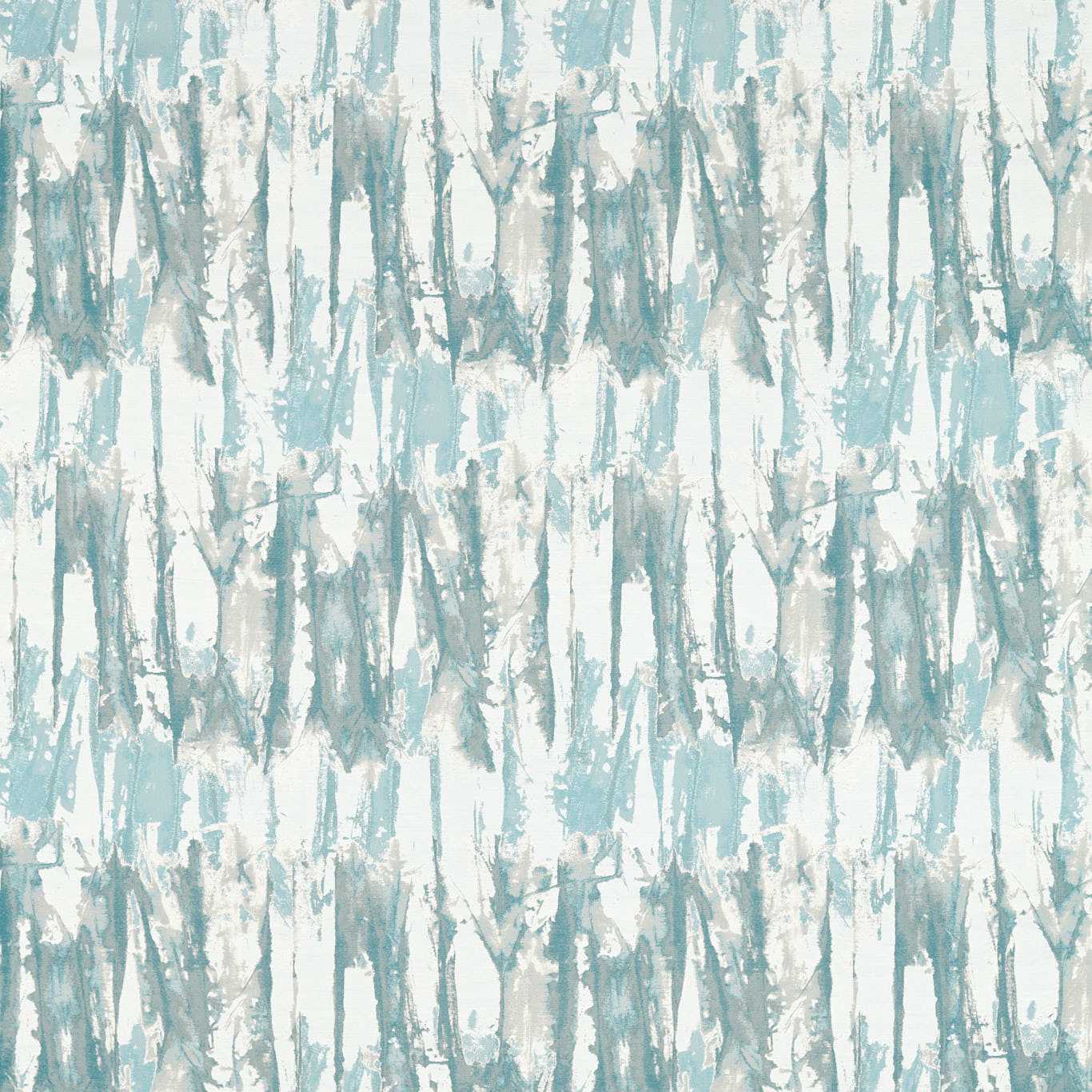 Teal and gray abstract brush-stroke fabric with vertical streaks on white, modern coastal pattern.