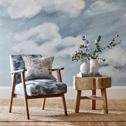 Harlequin Onni Putty/Celestial fabric featuring delicate embroidered clover and leaf motifs on a soft cotton base; ideal for drapery, upholstery, and cushions in neutral-toned interiors.