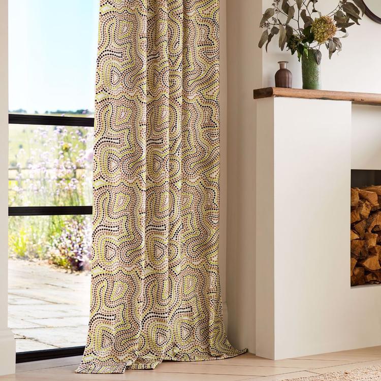 Harlequin Sunstone fabric in Positano/Chocolate/Pistachio showing embroidered landscape motif with intertwined trees and flowing lines in rich chocolate and pistachio tones, perfect for upholstery or curtains.