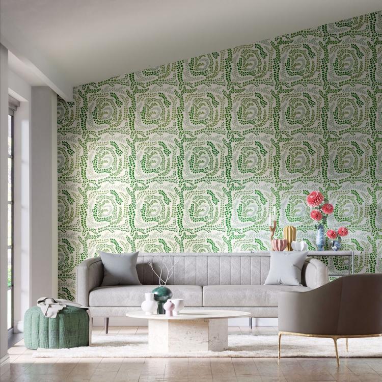 Harlequin Fayola Clover/Chalk wallpaper showing stylised leaves and tree-sprig motifs in soft clover and chalk tones for a refined botanical accent wall.