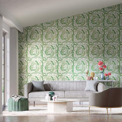 Harlequin Fayola Clover/Chalk wallpaper showing stylised leaves and tree-sprig motifs in soft clover and chalk tones for a refined botanical accent wall.
