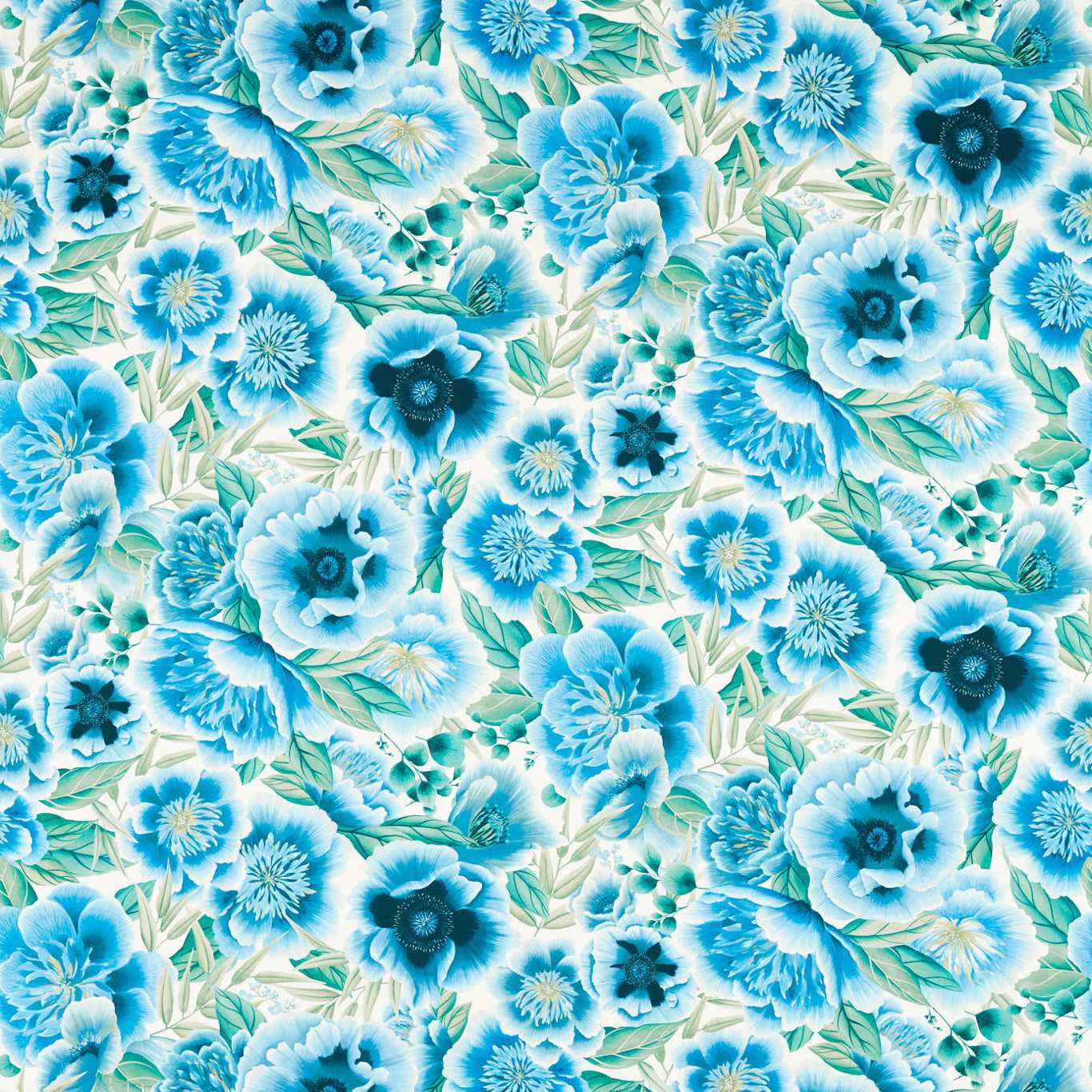 Blue floral print fabric with large blue flowers and green leaves on light background.