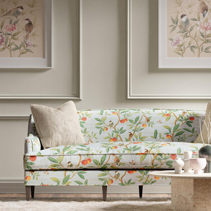 Harlequin Diane Hill “Ella” Fabric HDHP121113 — chinoiserie style cotton‑linen fabric, stylized birds and fruit motif in sky, fig leaf, nectarine tones, straight match pattern repeat