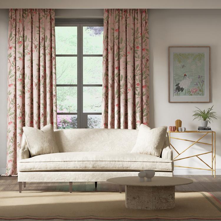 Detailed view of Harlequin Diane Hill “Ella” fabric (pattern HDHP121112) in Powder, Sage & Peach, showing delicate chinoiserie-inspired hand-painted florals and branches — a designer textile ideal for drapery, cushions, and elegant upholstery.
