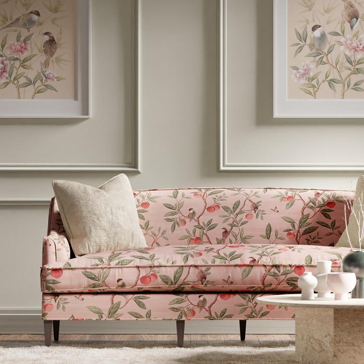 Detailed view of Harlequin Diane Hill “Ella” fabric (pattern HDHP121112) in Powder, Sage & Peach, showing delicate chinoiserie-inspired hand-painted florals and branches — a designer textile ideal for drapery, cushions, and elegant upholstery.