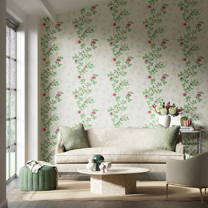 Harlequin Lady Alford wallpaper in fig blossom/magenta showing bamboo-stem pattern entwined with anemone flowers on a wide-width print — ideal for luxury botanical statement walls.