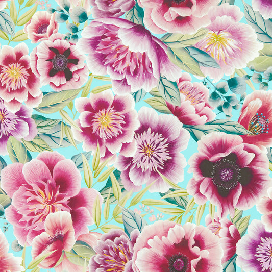 HARLEQUIN Marsha Wallpaper Contemporary, Floral Aqua,Peony,Magenta  Gravure - Wide Width Printed Wallpaper - HDHW112903