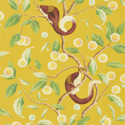 Nellie Wallpaper in Honey and Meadow by Harlequin x Diane Hill featuring golden kadamba flowers, botanical motifs, and a stylized malabar giant squirrel inspired by Indian miniature paintings. Luxury designer wallpaper with warm honey yellow and meadow green tones, ideal for statement walls, maximalist interiors, eclectic décor, living rooms, dining rooms, bedrooms, and artistic home design projects.