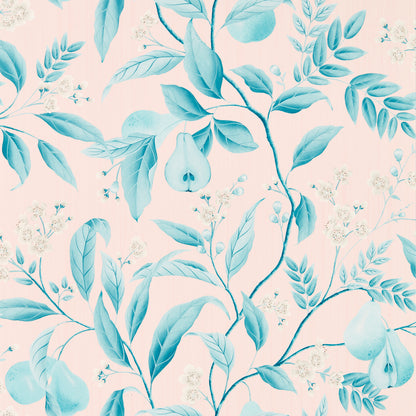 Marie Wallpaper in Rose and Lagoon by Harlequin x Diane Hill featuring hand-painted botanical artwork with pears, trailing vines, delicate blossoms, and lush foliage. Elegant floral wallpaper inspired by English gardens and botanical illustrations, combining soft pink rose tones with fresh lagoon blue-green accents. Perfect for luxury interiors, cottagecore homes, bedrooms, living rooms, dining rooms, powder rooms, feature walls, and traditional or contemporary home décor projects.