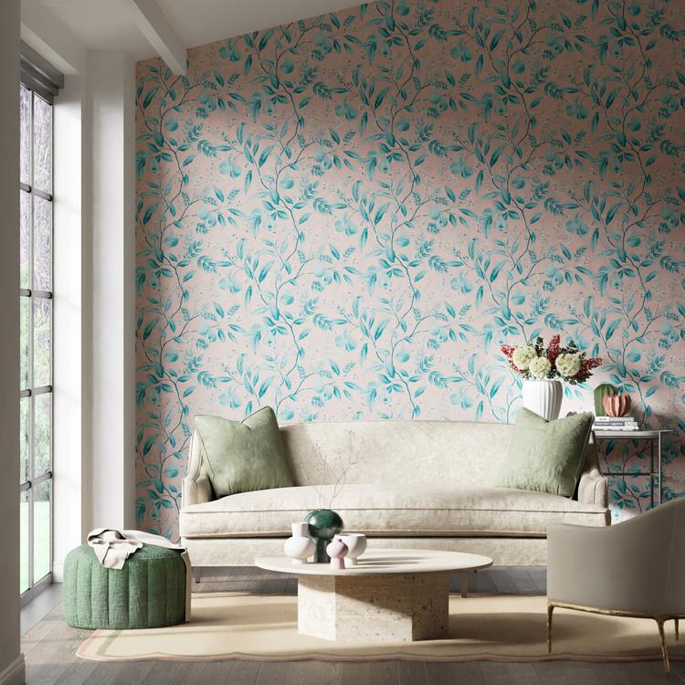 Marie Wallpaper in Rose and Lagoon by Harlequin x Diane Hill featuring hand-painted botanical pears, trailing vines, and delicate floral blossoms. Luxury floral wallpaper with pink and blue-green tones inspired by English gardens, ideal for statement walls, cottagecore décor, bedrooms, living rooms, dining rooms, and elegant interior design projects.