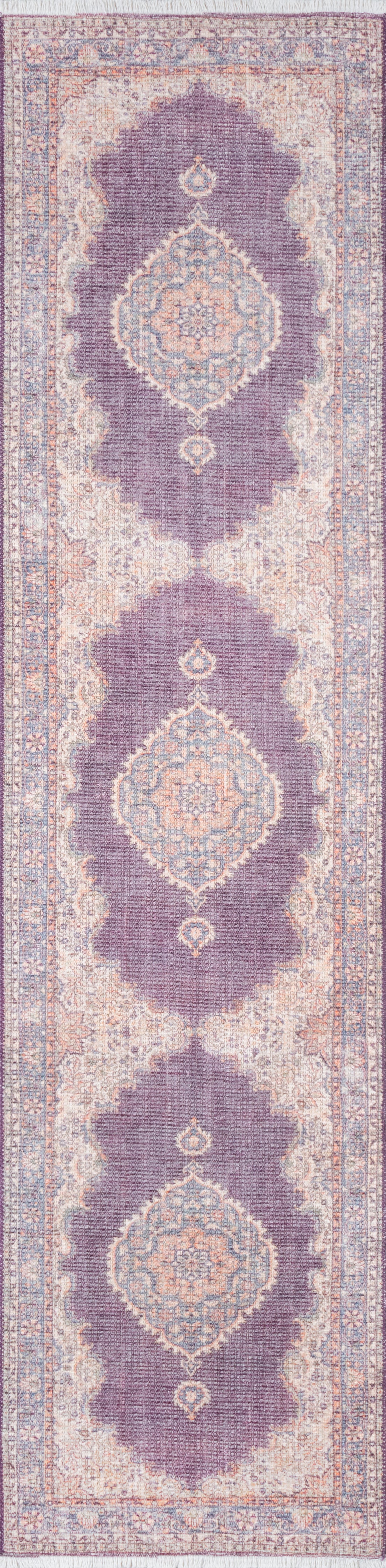 Purple lavender oriental area rug with three pale pink-blue diamond medallions and ornate ivory borders.