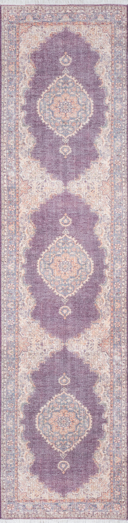 Lavender & cream Persian-style rug with large purple diamond medallions & ornate floral borders.