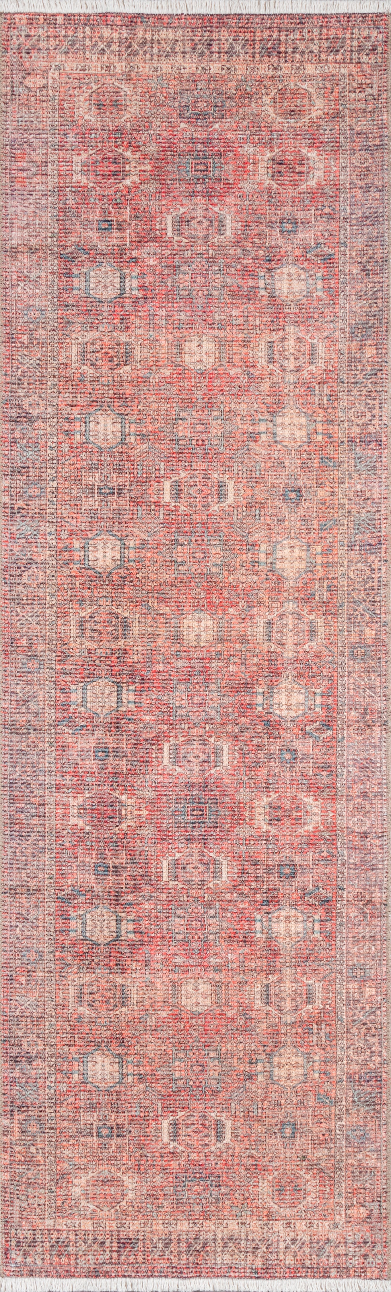 Distressed red Persian-style runner rug with ivory and blue geometric medallions and fringed ends.