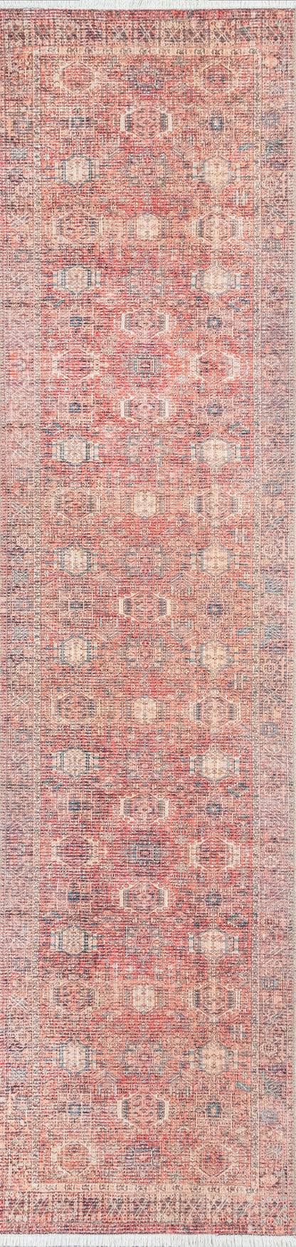 Distressed pink runner rug with ivory and blue geometric medallions; vintage oriental style, wool.