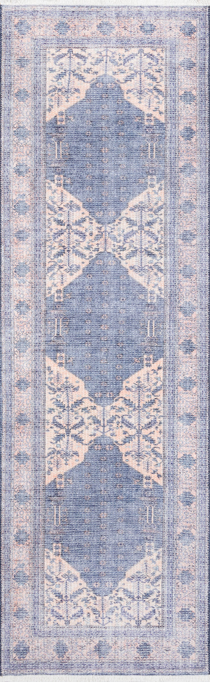 Vintage-inspired blue and blush hallway runner rug with floral borders and diamond medallion motifs.