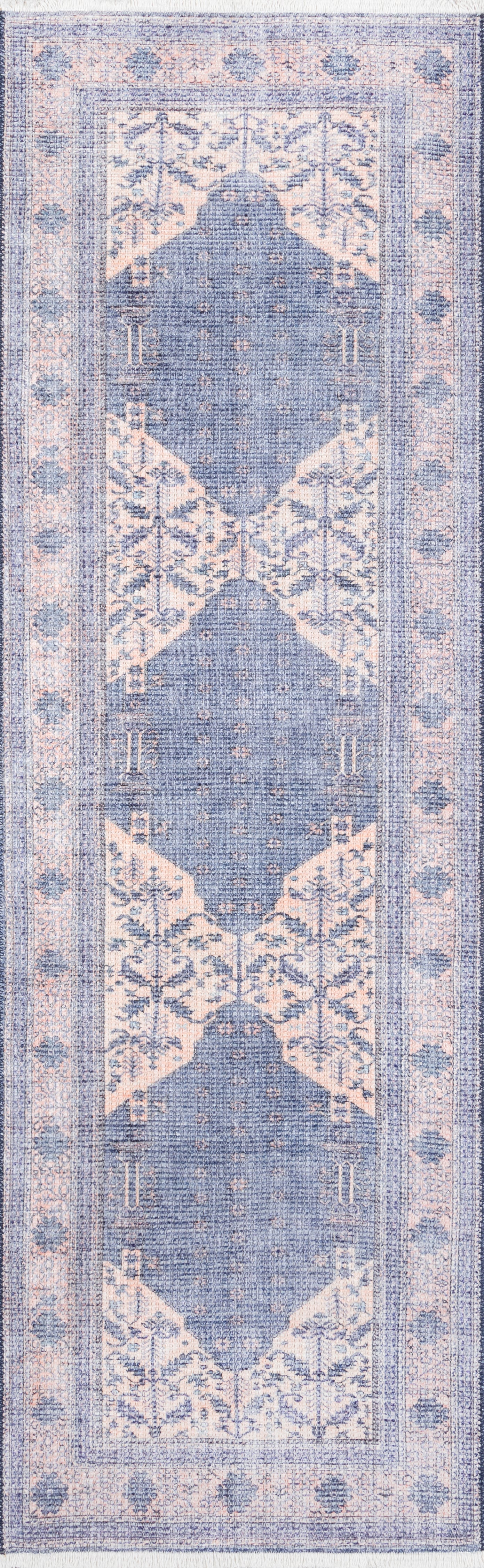Blue distressed vintage runner rug with ivory-pink floral border and stacked diamond medallions.