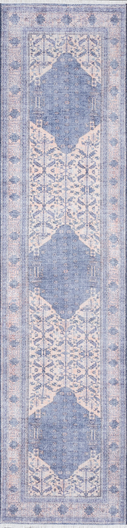 Distressed blue and blush pink oriental runner rug featuring repeating medallions and floral border.