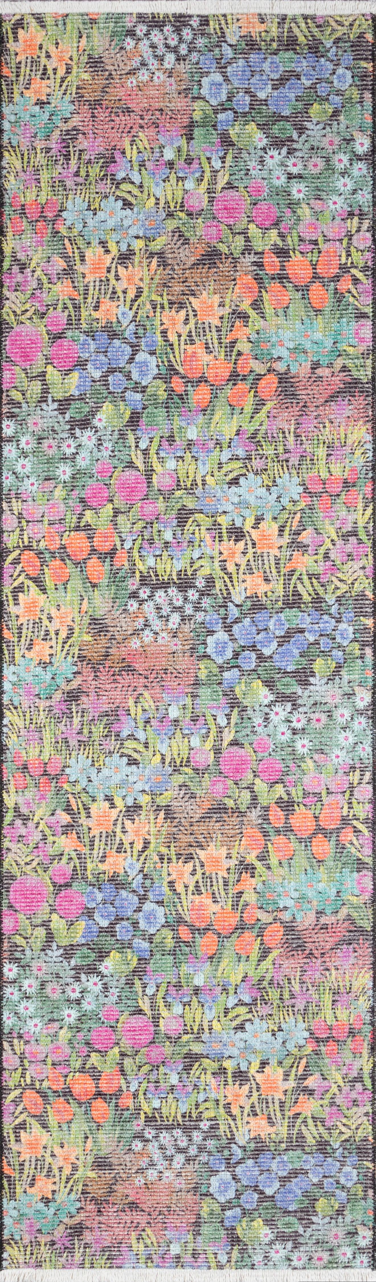 Woven area rug, 8' x 10', with a dense garden floral pattern in pink, orange, blue, and purple on a dark background.
