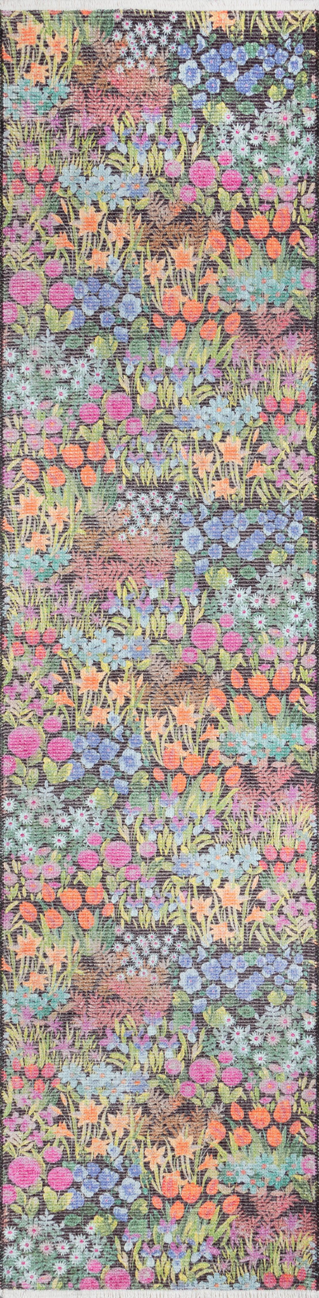 Long woven floral area rug with vivid pink, orange, purple and blue blooms on a brown background.